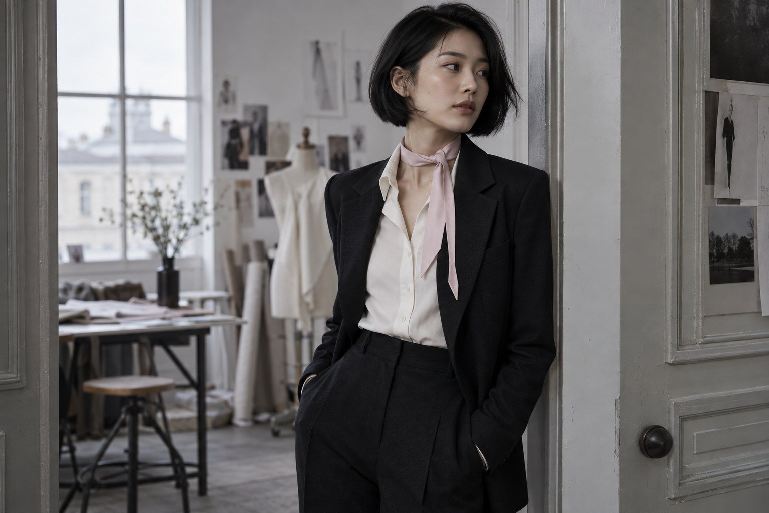 Editorial illustration of a woman in black tailoring with an unbranded narrow blush silk scarf