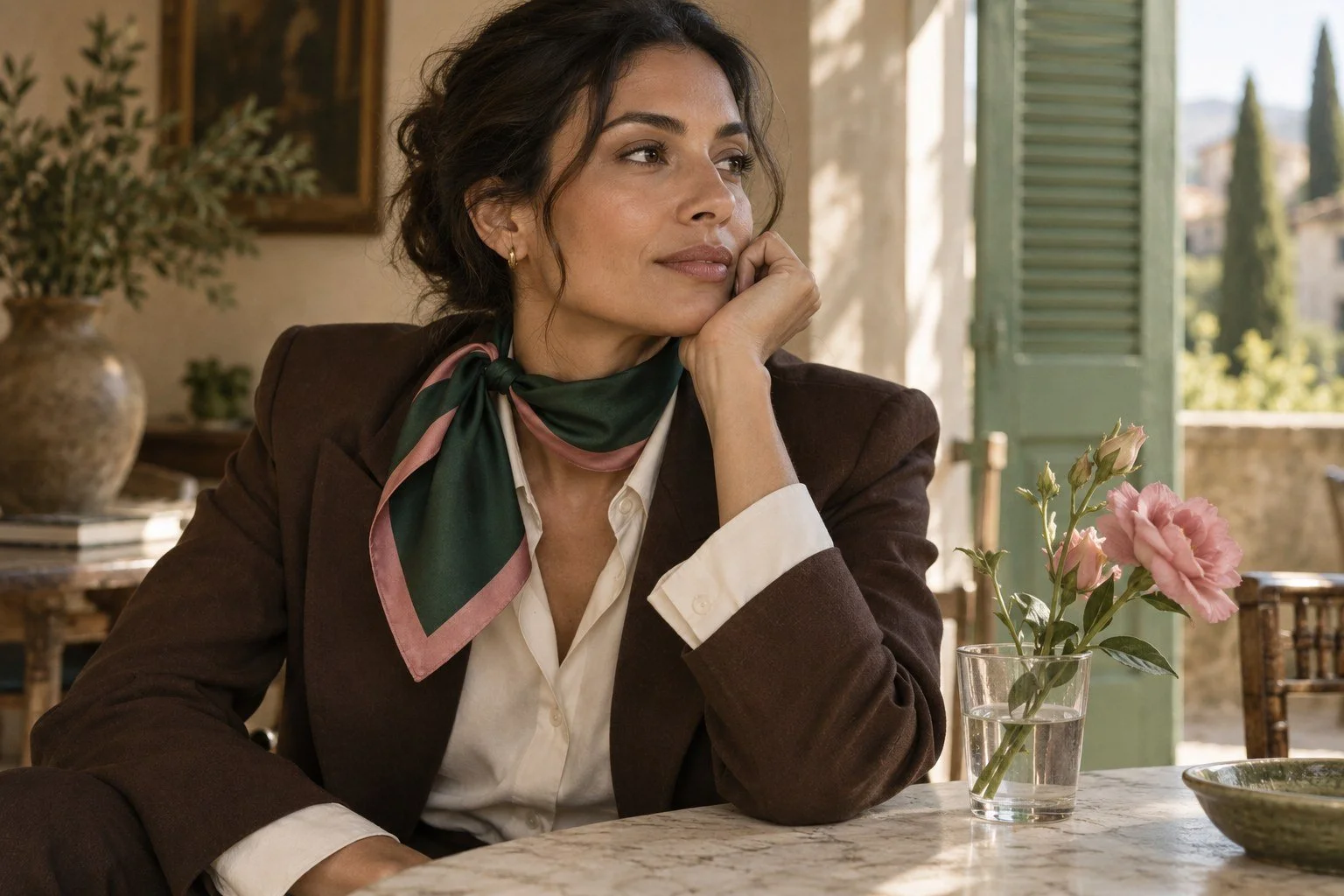 Editorial illustration of a woman wearing an unbranded emerald and rose silk scarf with brown tailoring
