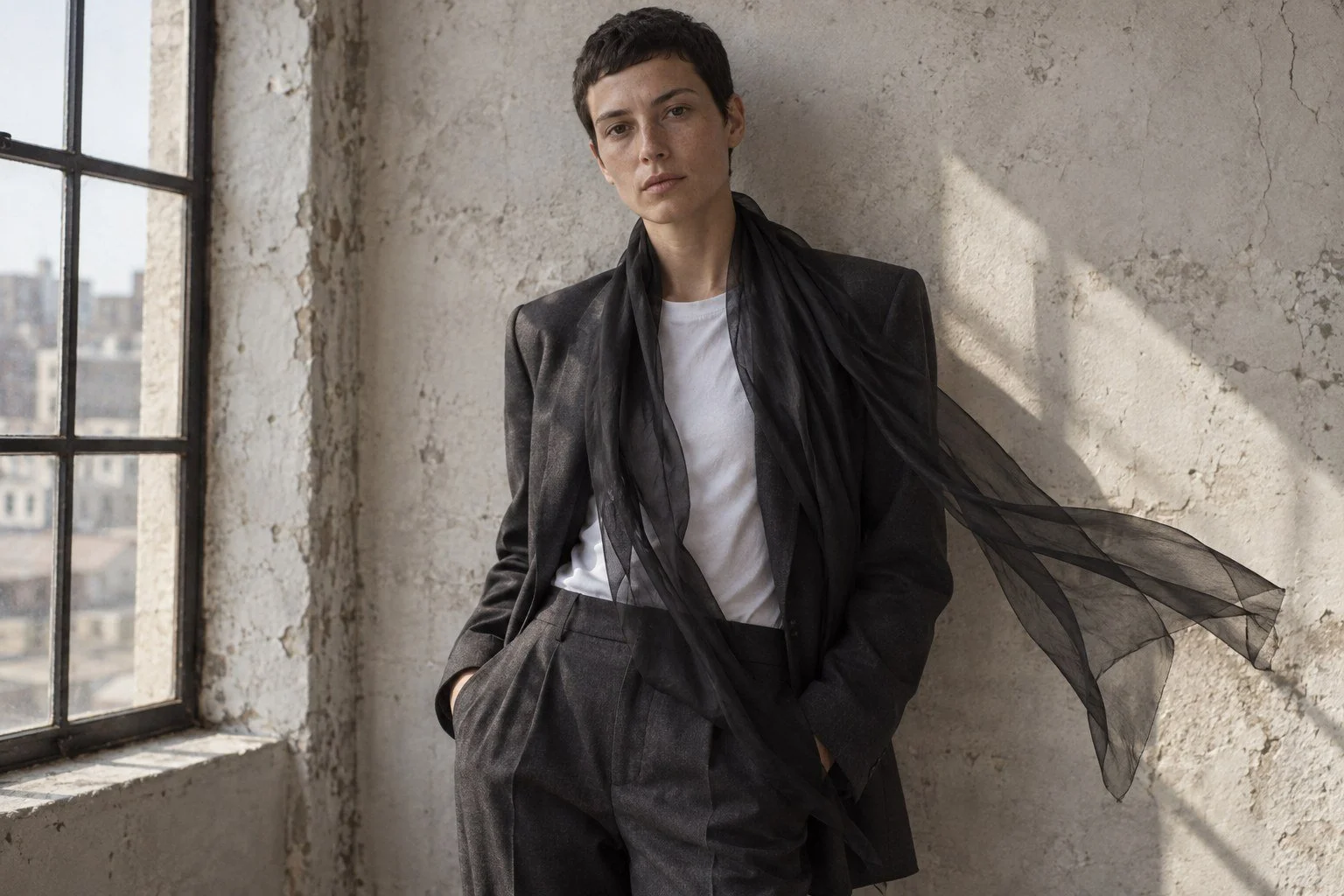 Editorial illustration of an androgynous model wearing an unbranded black chiffon scarf with charcoal tailoring