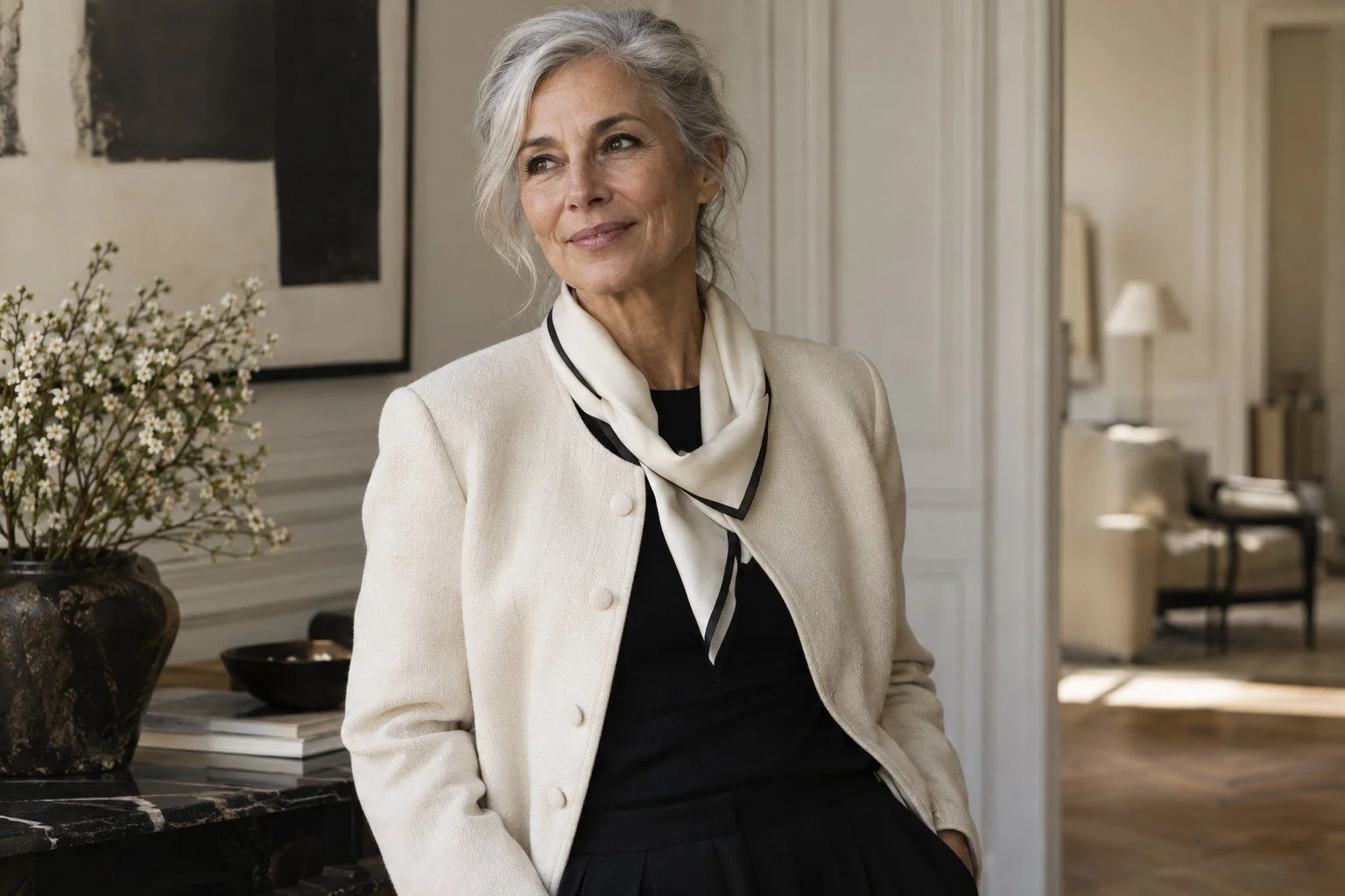 Editorial illustration of a silver-haired woman wearing an unbranded ivory and black silk scarf