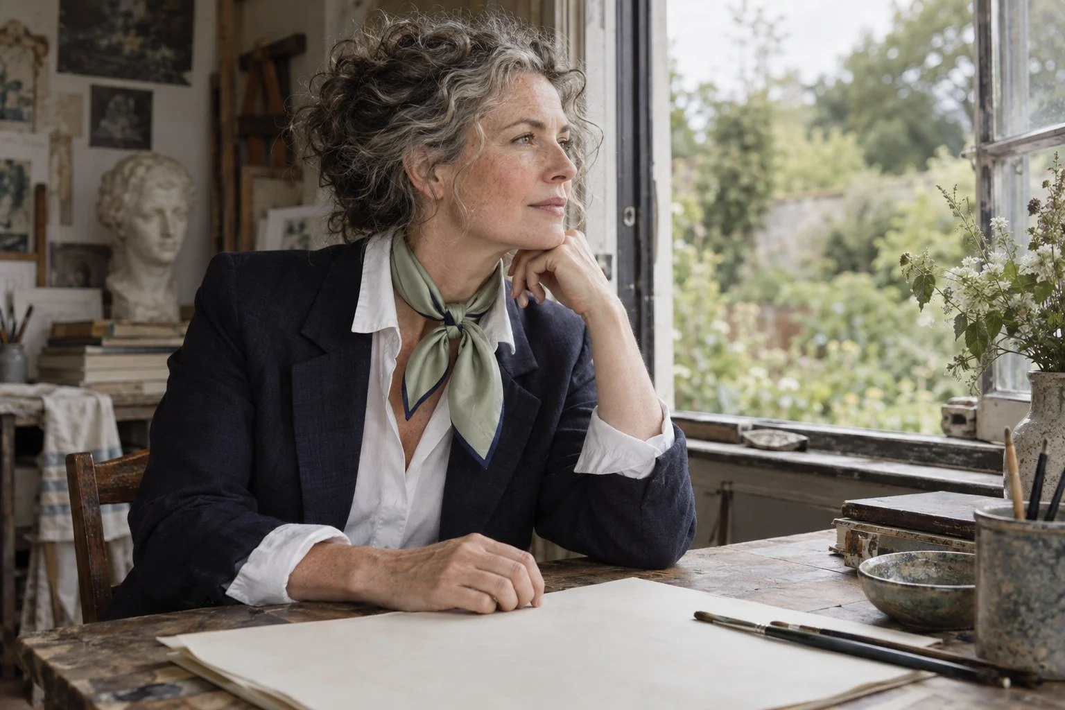 Editorial illustration of a woman wearing an unbranded sage and navy silk scarf in an English artist’s studio