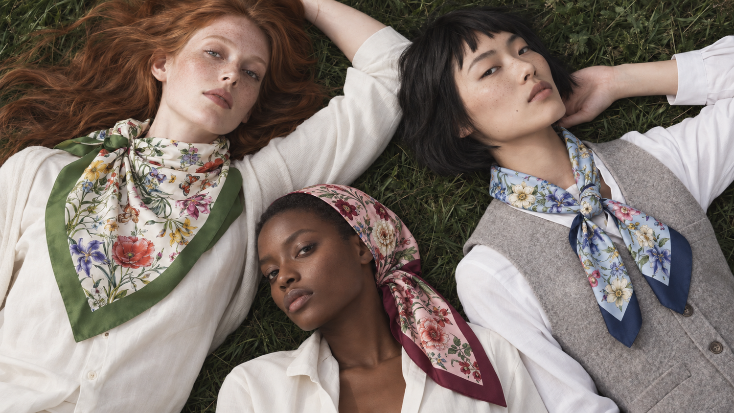 Three women lying on grass wearing green, pink and blue floral silk scarves