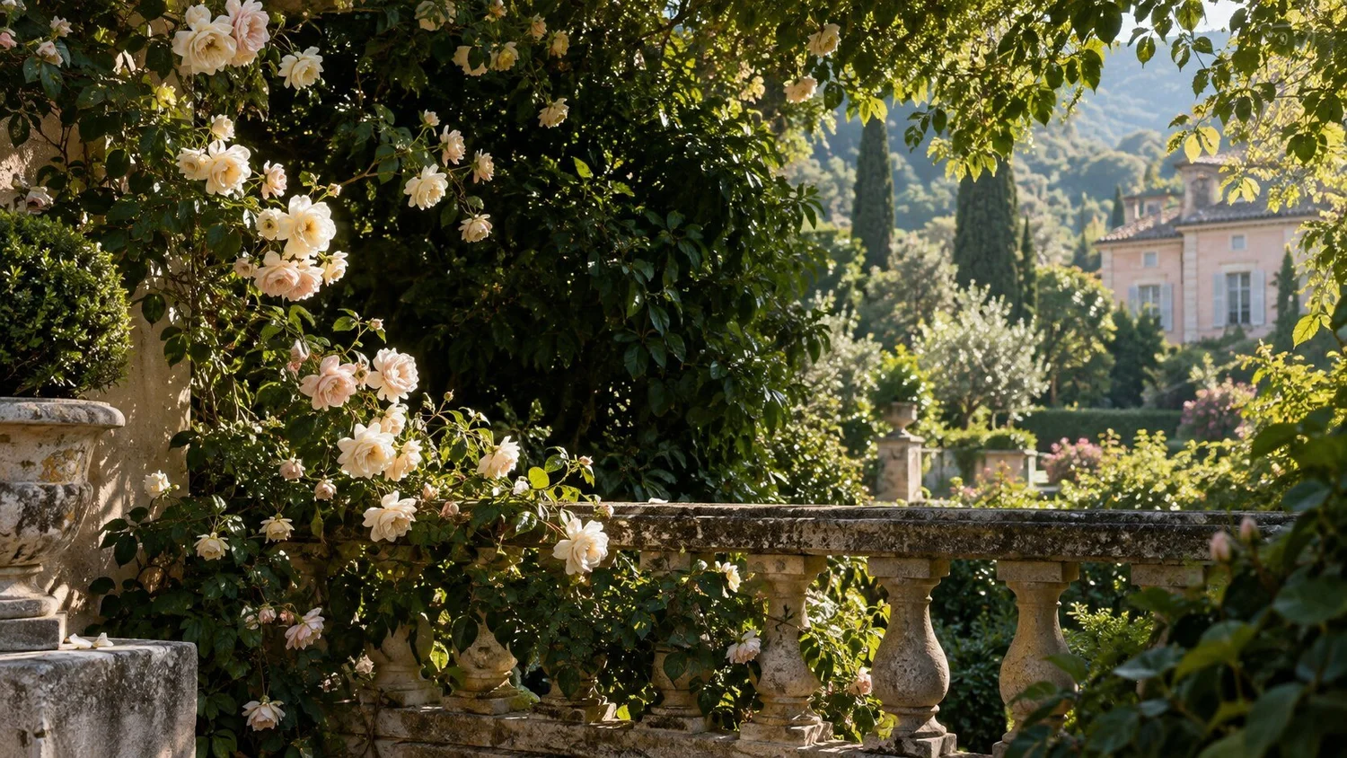 Climbing roses and a weathered stone balustrade in a French-inspired garden
