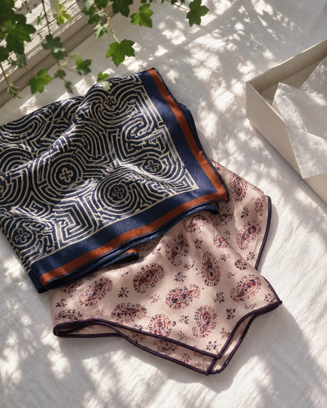 Blue geometric and pink paisley scarves folded on white cotton beside archival tissue