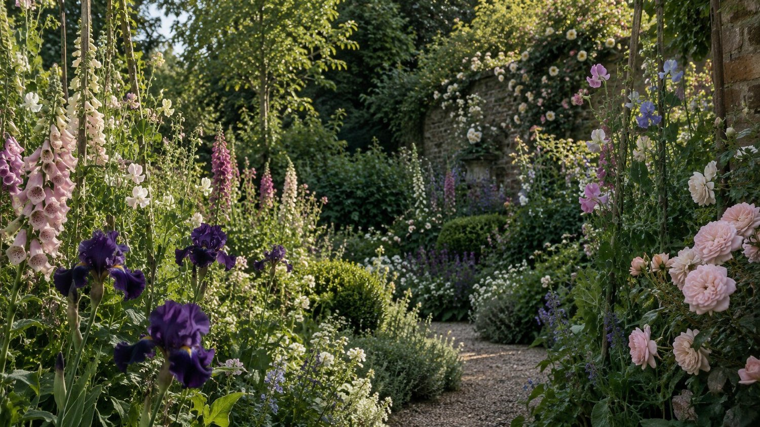 Foxgloves, iris and climbing roses in an English flower garden