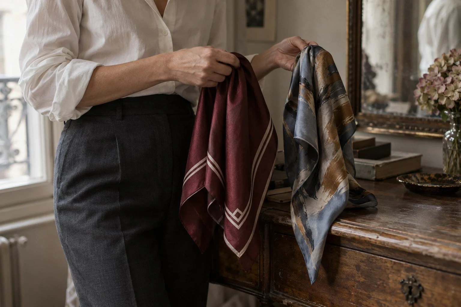 Two unbranded silk scarves in oxblood and dusty blue held against an ivory shirt and charcoal tailoring