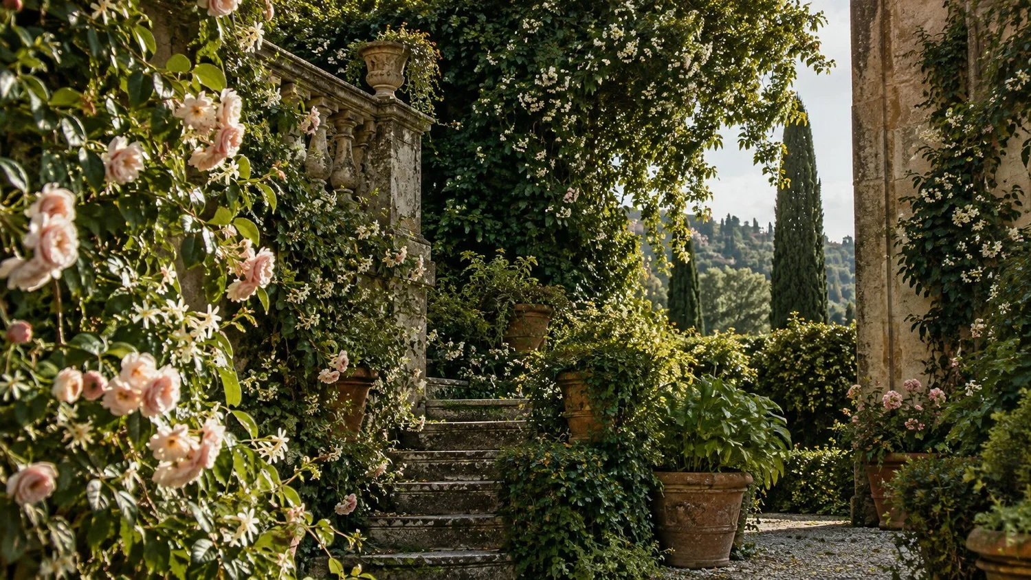An overgrown Italian garden with roses, terracotta pots and stone steps