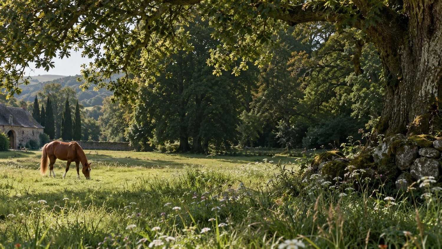 Chestnut horse grazing beneath old oak trees in a green meadow