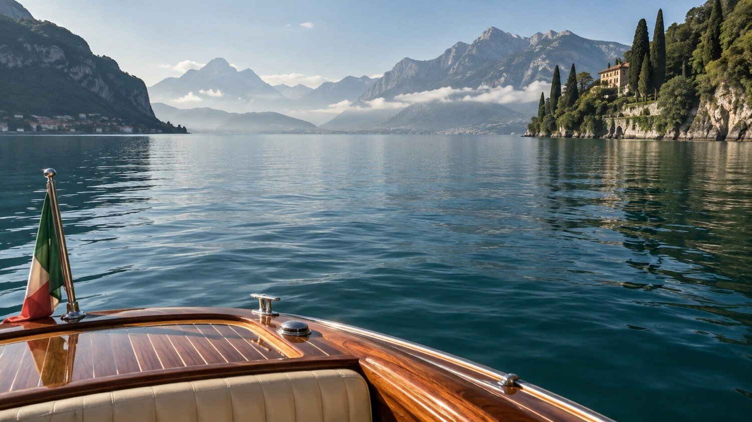 Mountain lake seen from a polished wooden boat