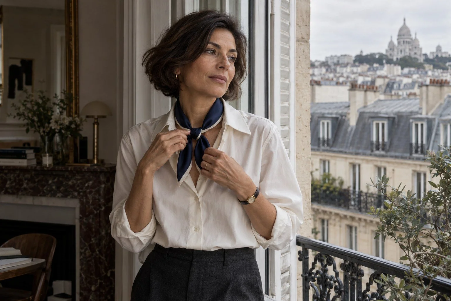 Editorial illustration of a woman wearing an unbranded navy and ivory silk square beside an open window