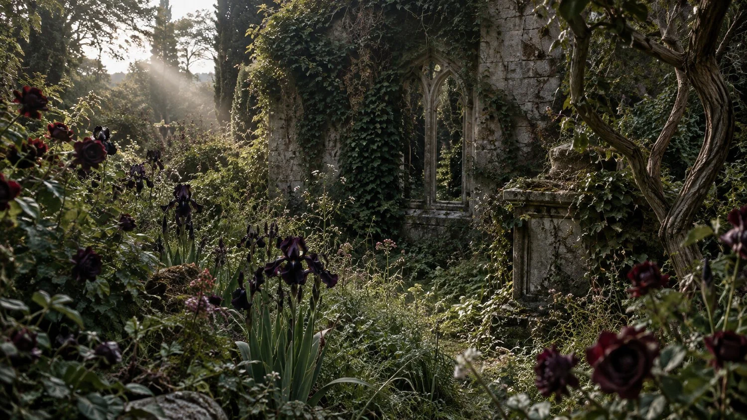 Wild roses and ivy growing around a ruined garden folly