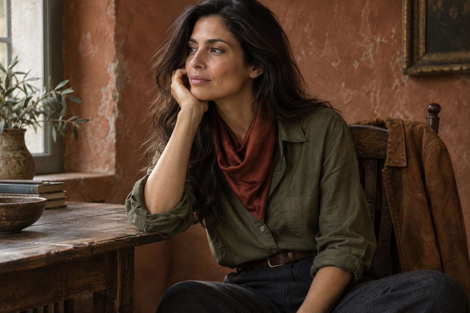 Editorial illustration of a woman wearing an unbranded russet silk scarf with a moss-green shirt