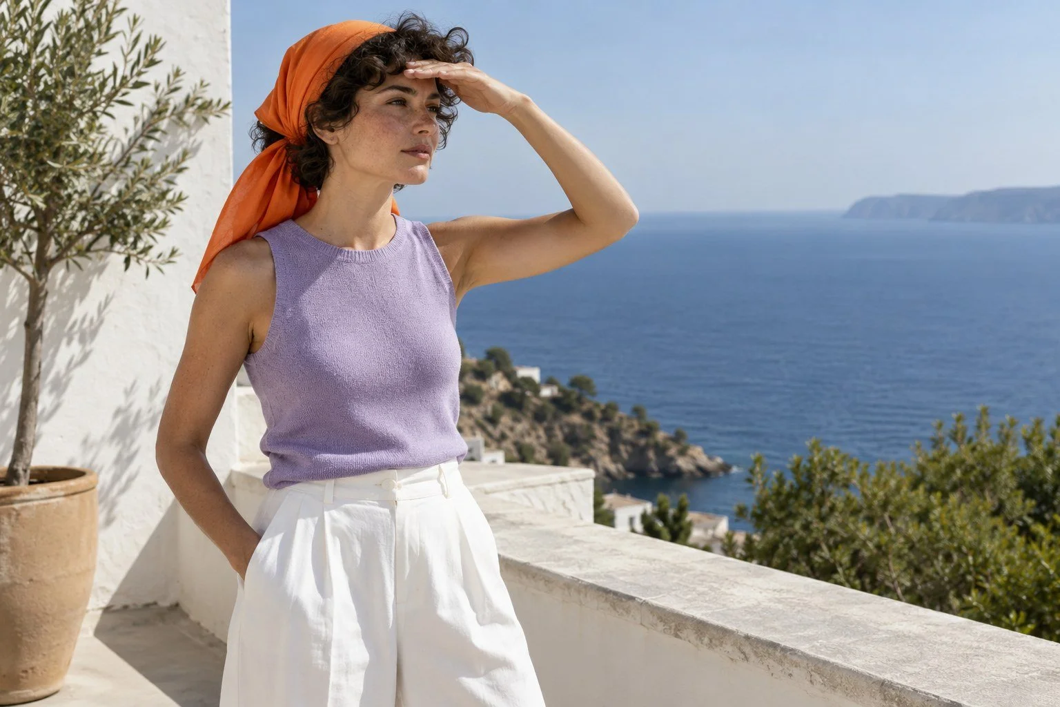 Editorial illustration of a woman wearing an unbranded tangerine silk headscarf with lilac knitwear
