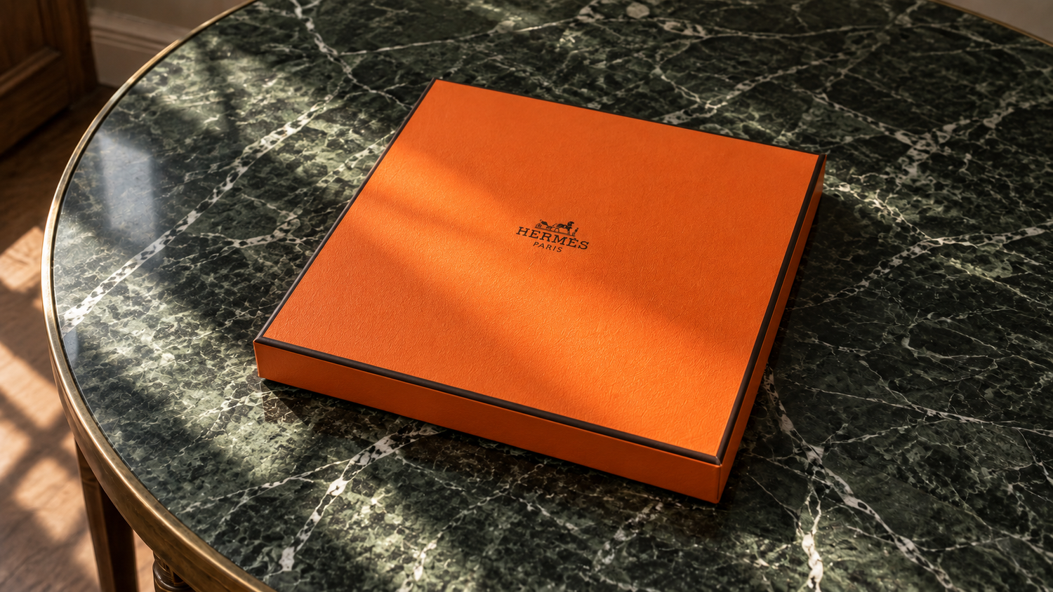 Closed orange Hermès scarf box on a dark green marble table in sunlight