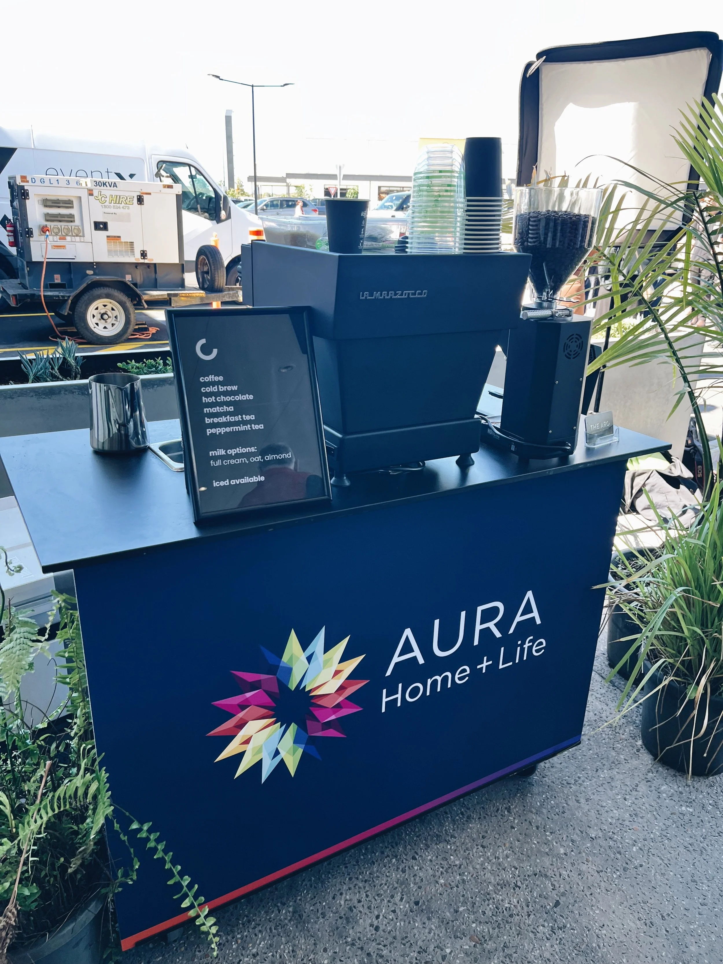 Branded coffee cart activation for a Sunshine Coast corporate launch