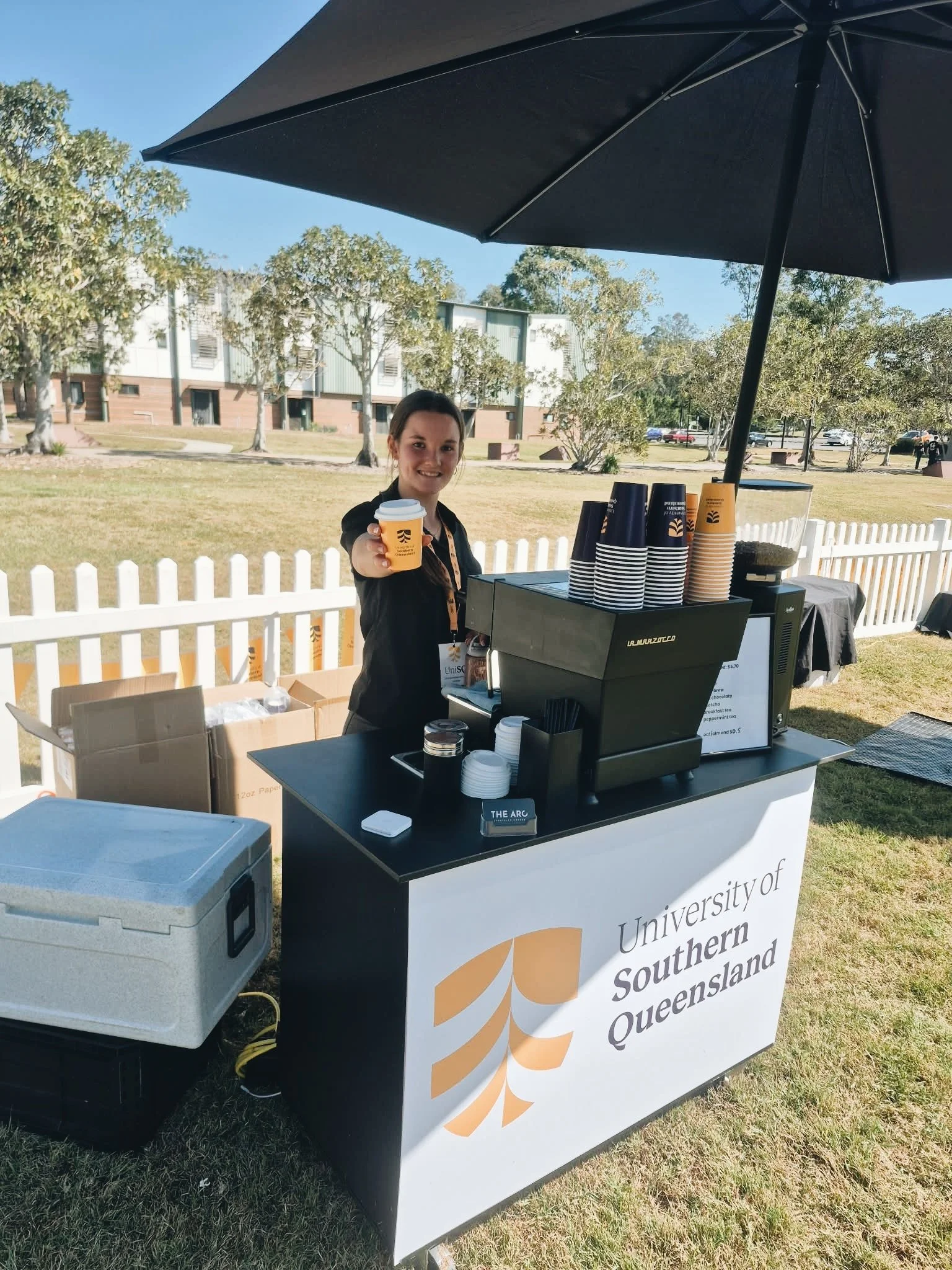Branded coffee cart at a corporate event