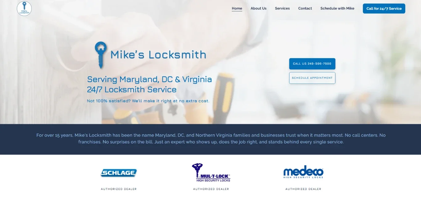 Mike's Locksmith website hero after Novum Creative rebuild