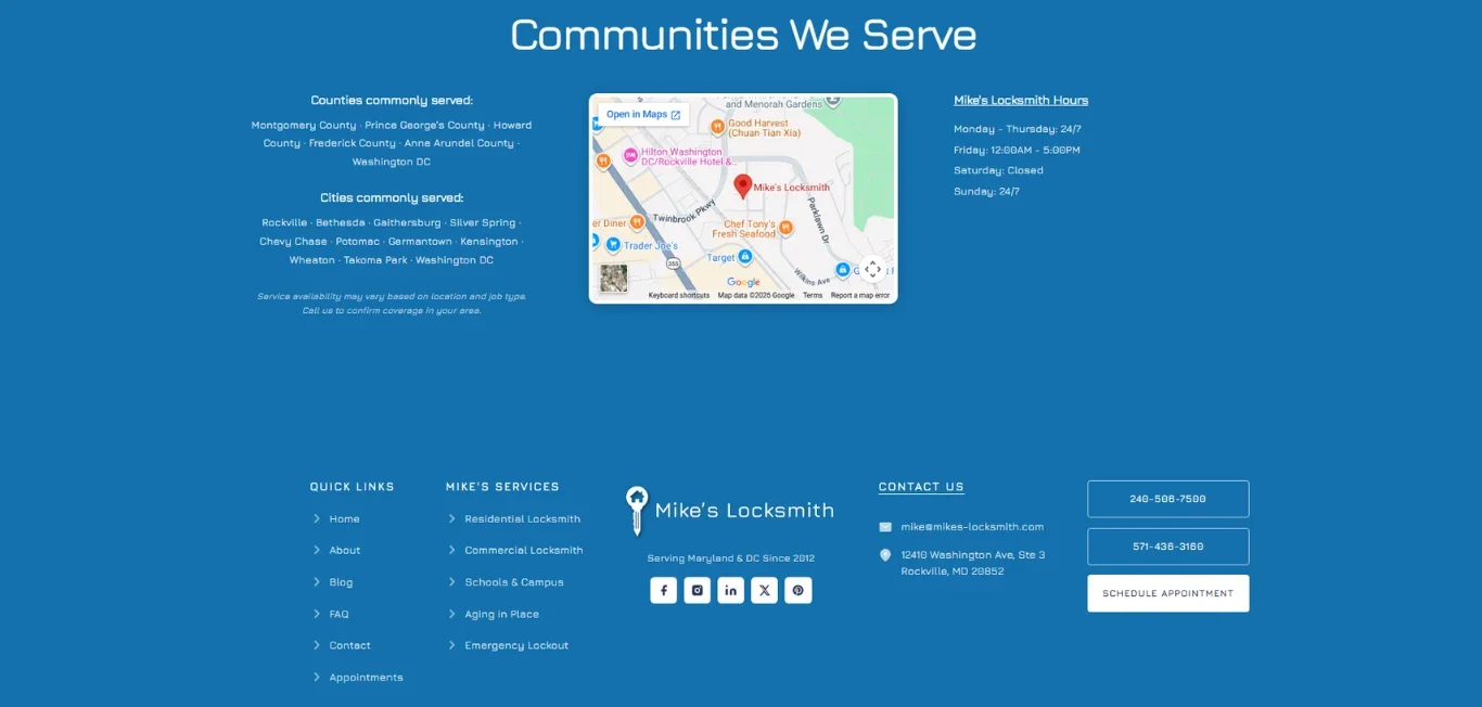 Mike's Locksmith footer after Novum Creative rebuild