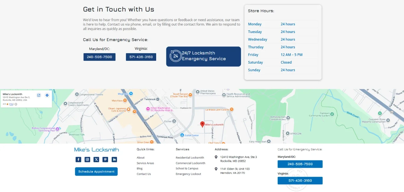 Mike's Locksmith footer before Novum Creative rebuild
