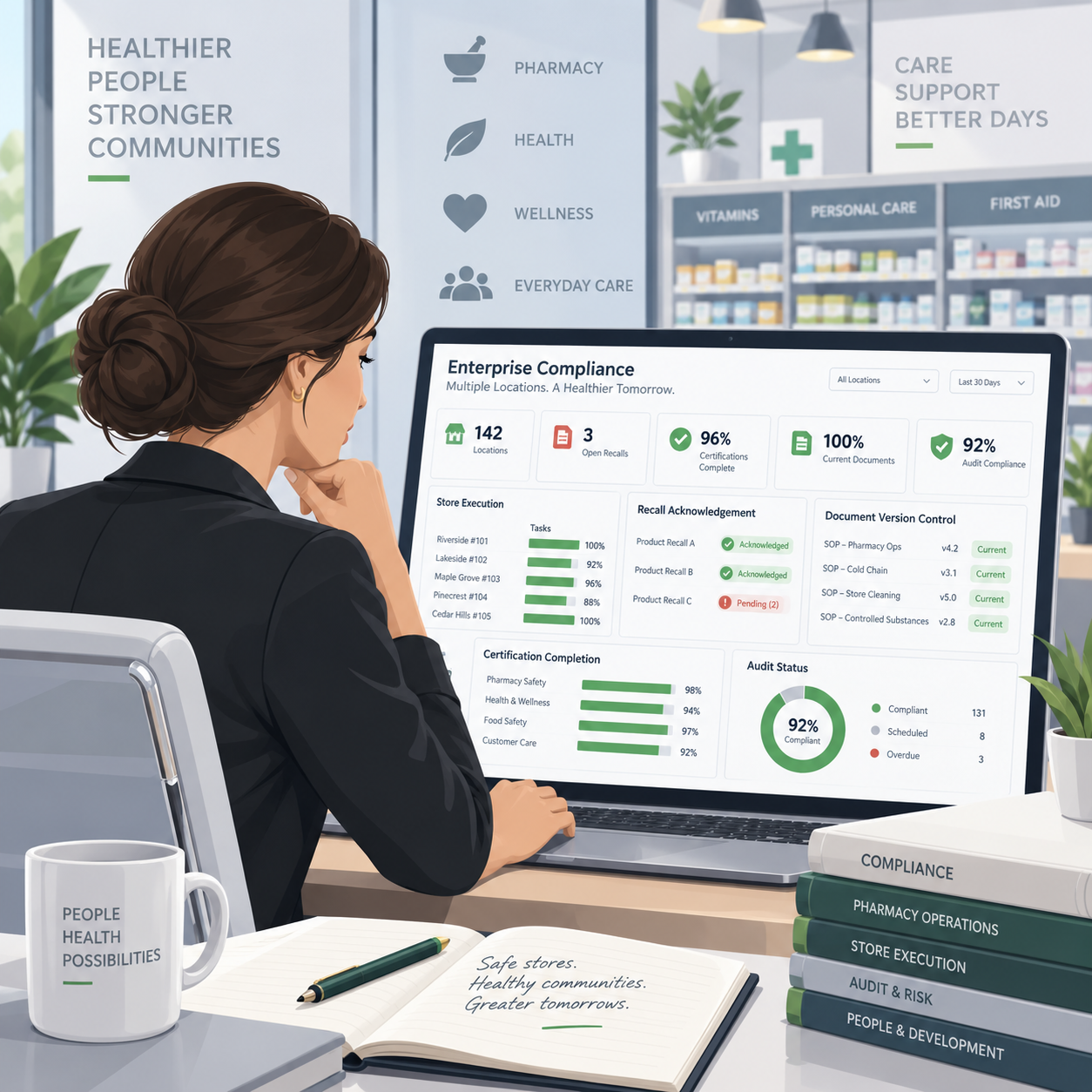 Health and pharmacy operations leader reviewing compliance across multiple locations