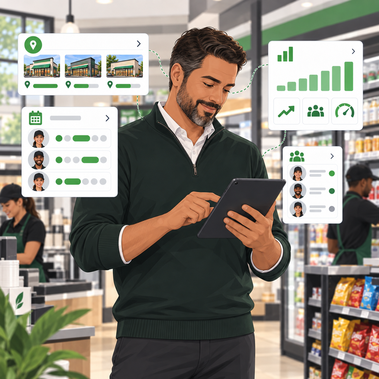 Multi unit franchise owner reviewing performance across their own store locations