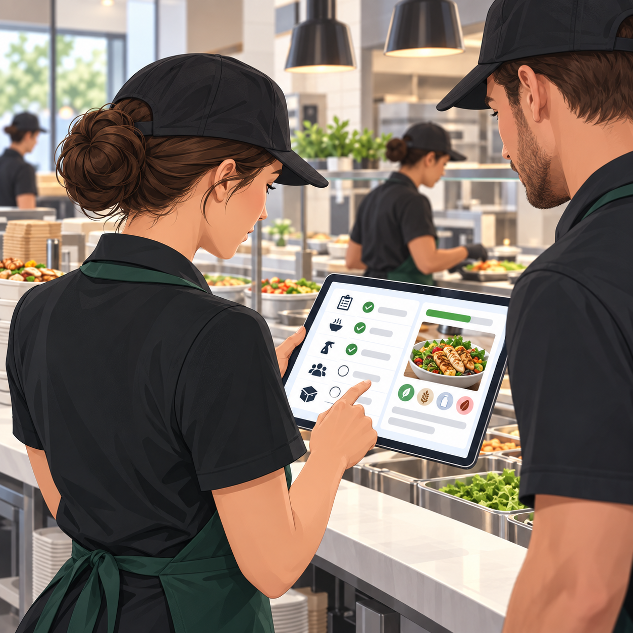 Restaurant team members reviewing shift tasks, procedures, and allergen information on a tablet