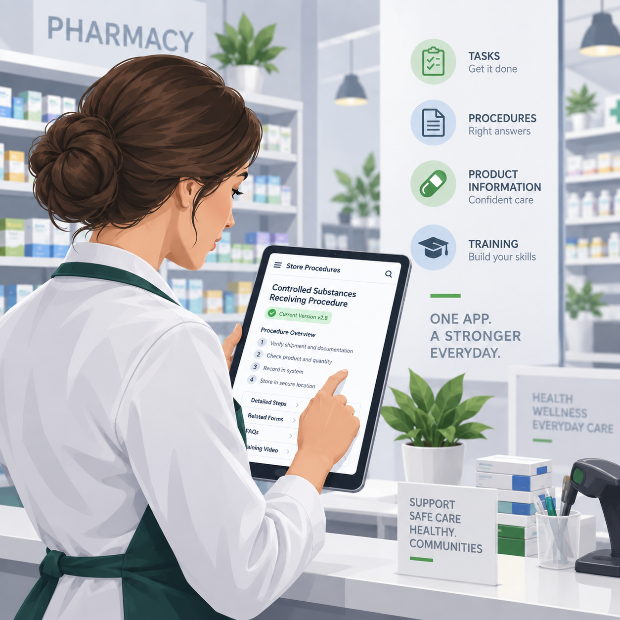 Pharmacy team member accessing current procedures and training on a tablet