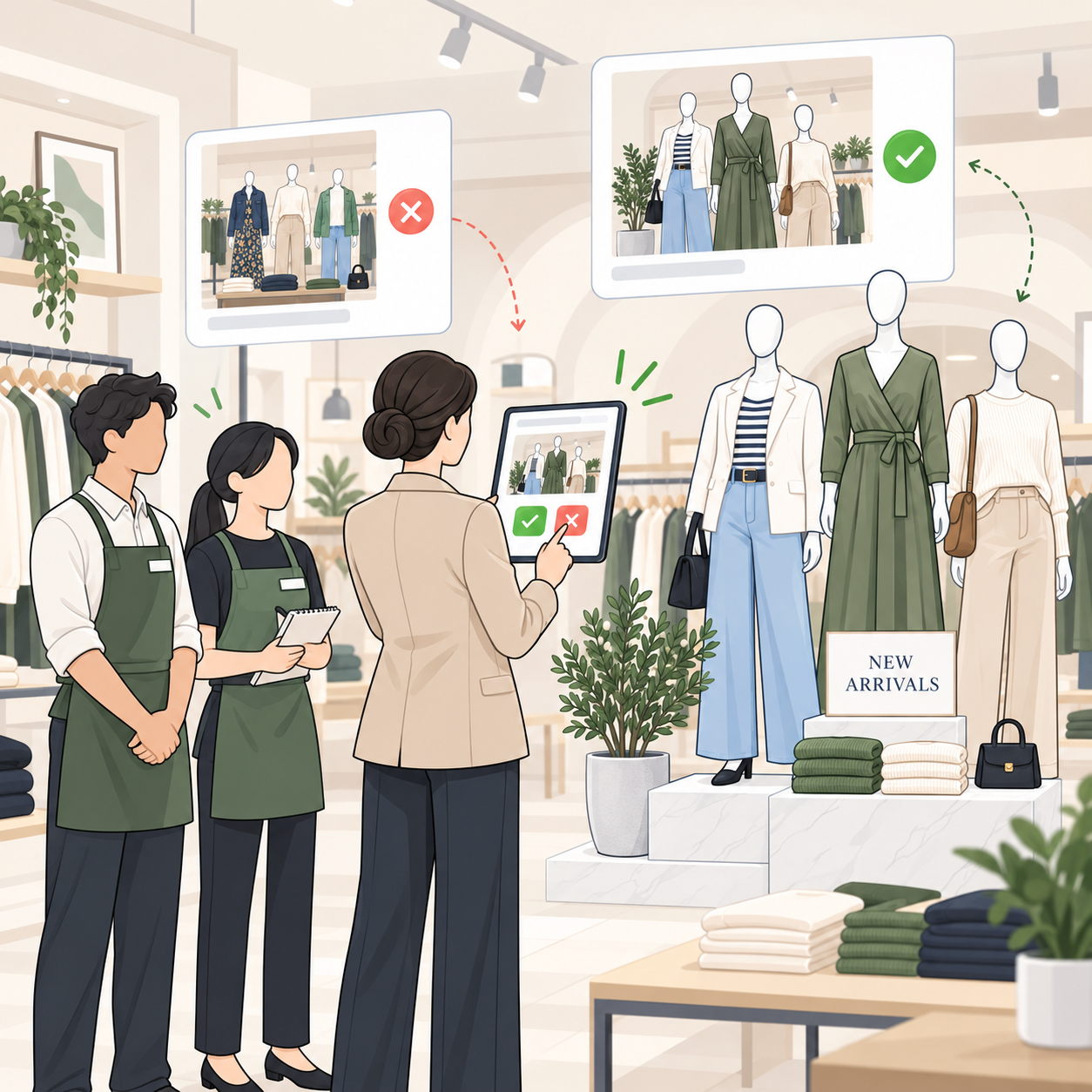 Retail manager reviewing visual merchandising execution in an apparel store