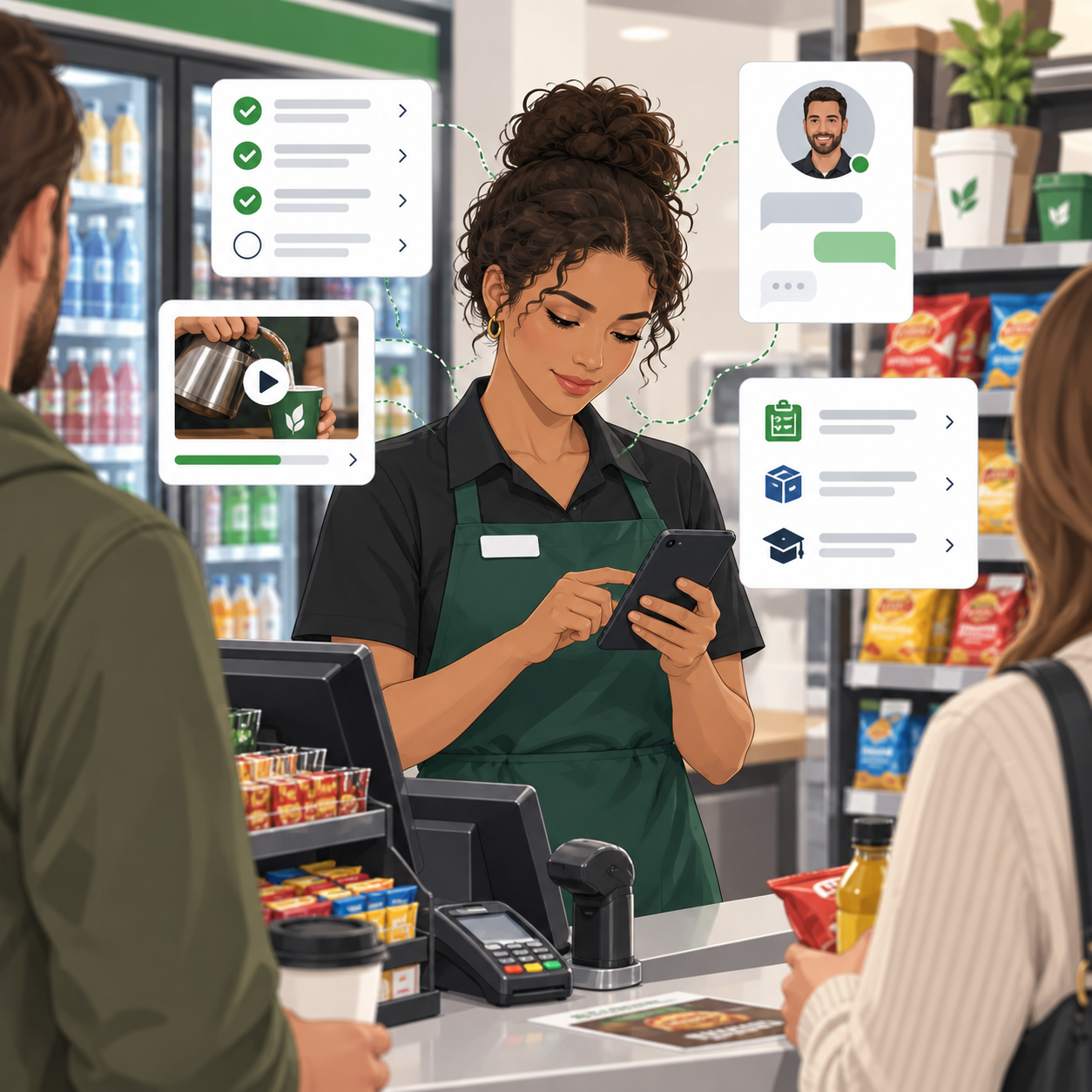 Convenience store associate managing shift tasks and communication from a phone