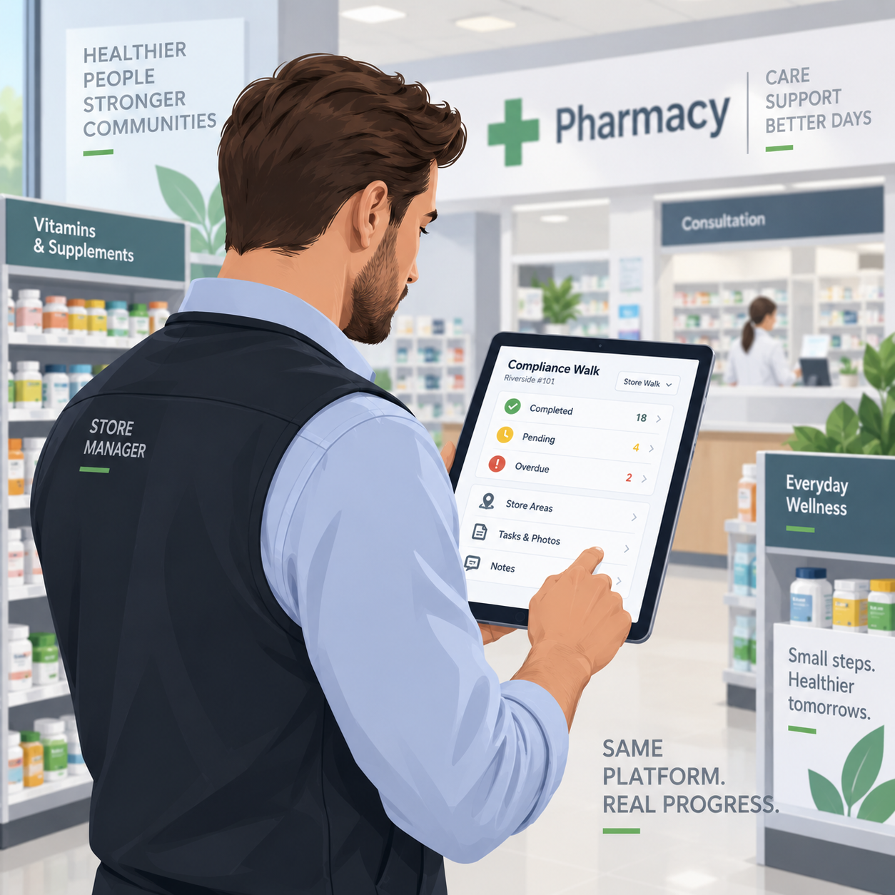 Pharmacy store manager reviewing compliance tasks during a store walk