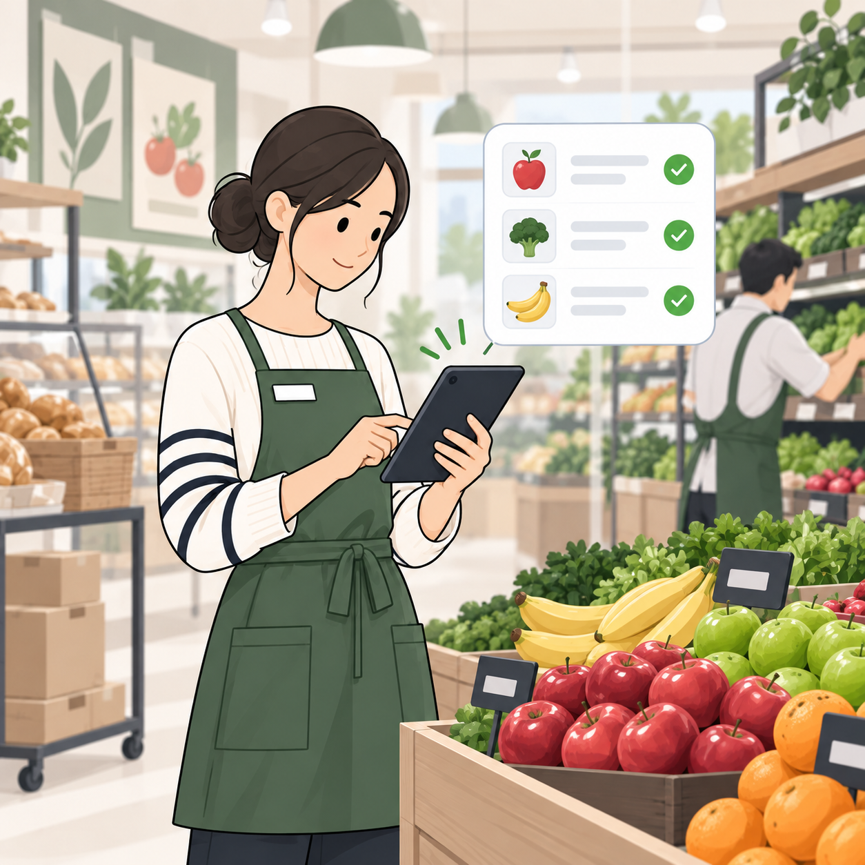 Grocery store associate completing department tasks on a tablet
