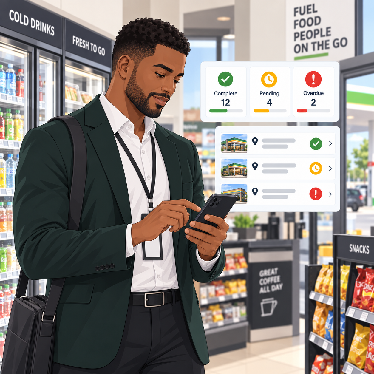 Convenience store district manager reviewing audits and site status on a phone