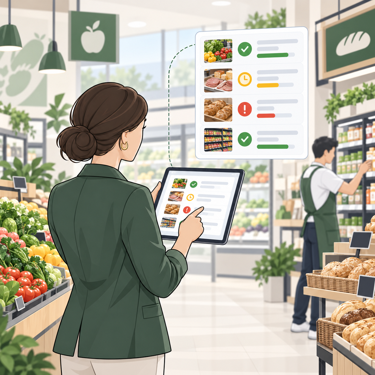 Grocery store manager reviewing department execution and store tasks