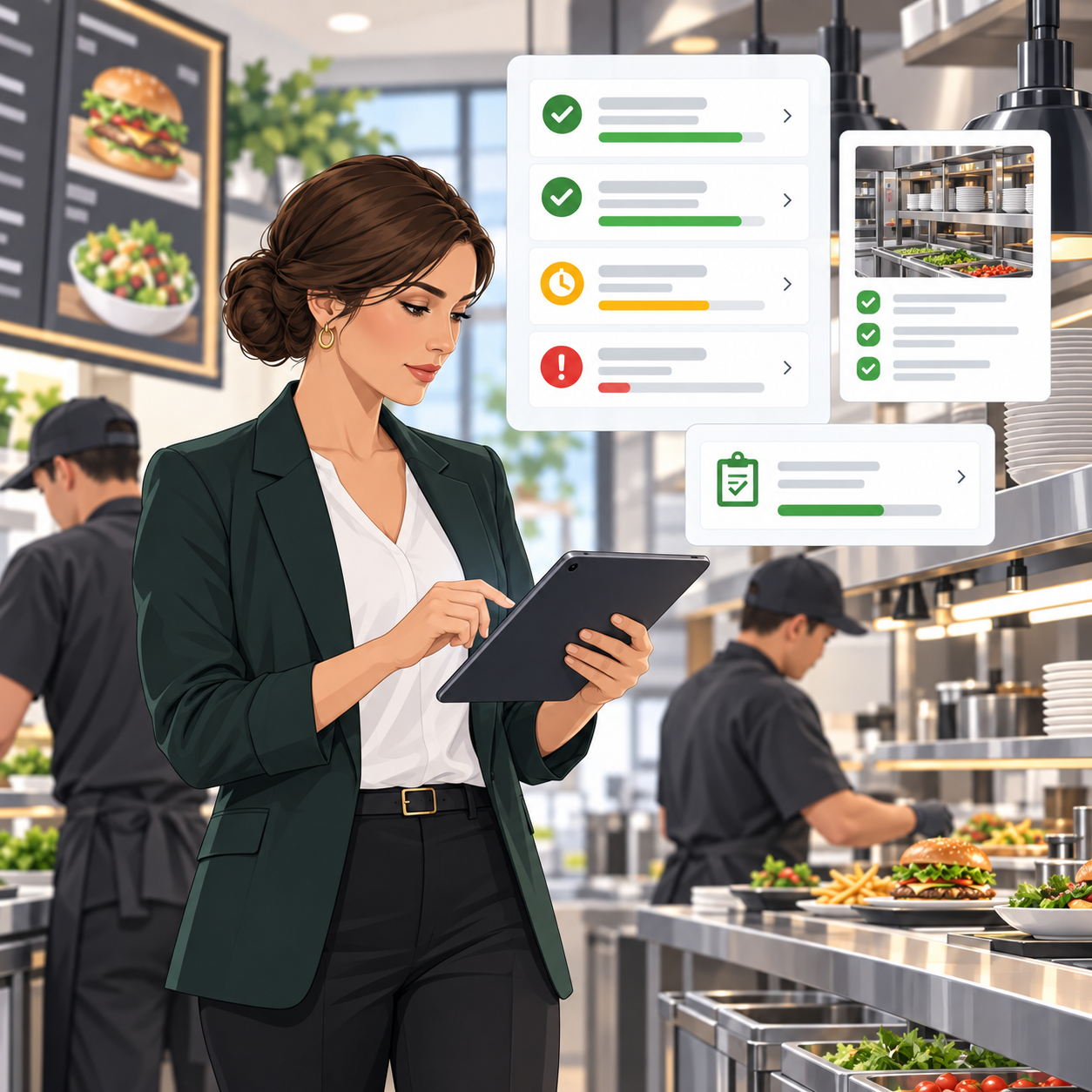 Restaurant manager reviewing shift tasks and brand standards during a line check