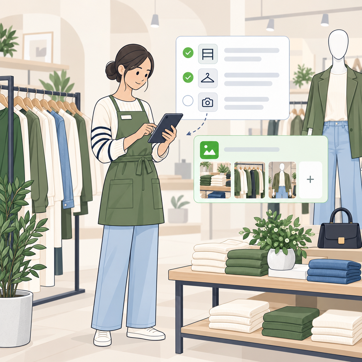 Apparel store associate completing tasks and submitting photos from the sales floor