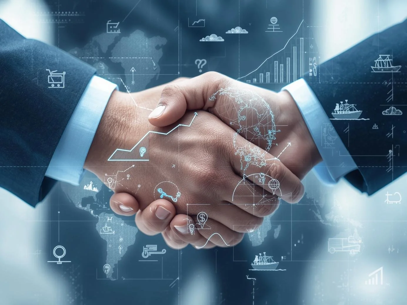 Handshake illustration with global trade and logistics theme