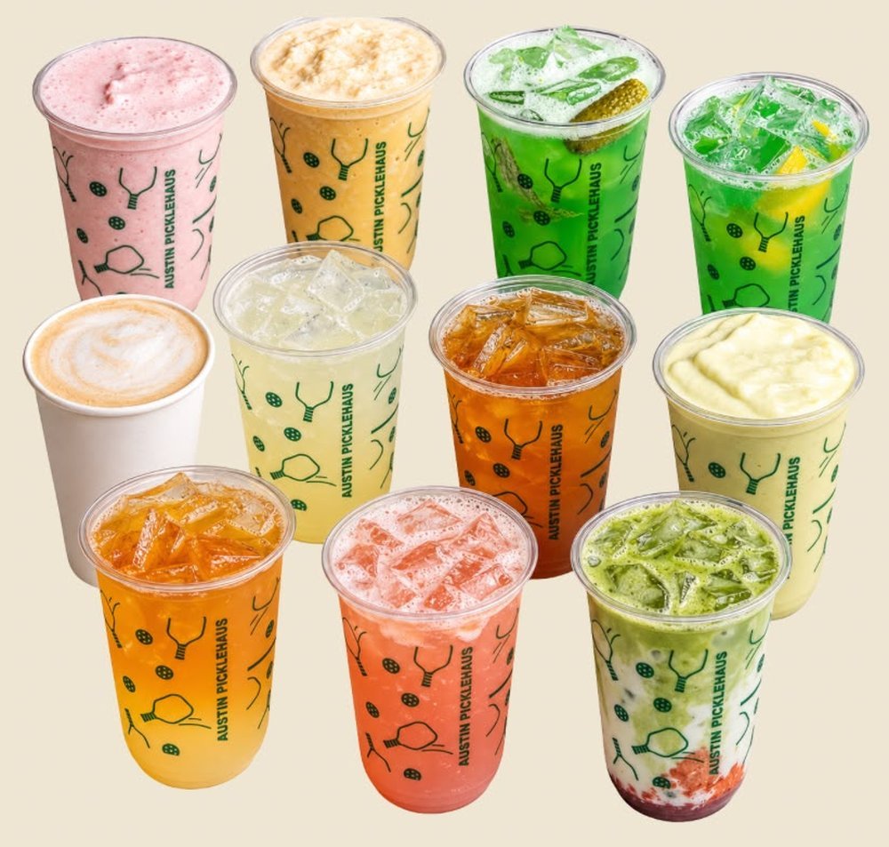Austin Picklehaus café drinks: smoothies, lattes, matcha, mojitos and refreshers in branded cups
