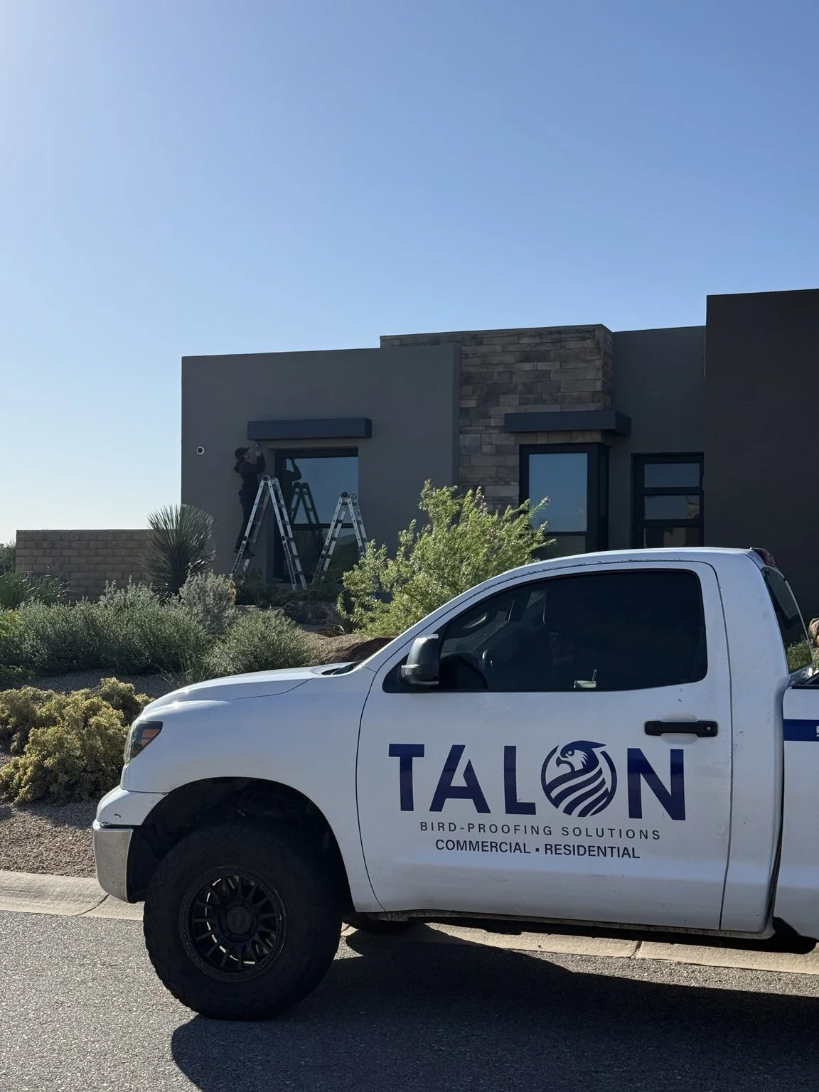 Talon Bird Proofing truck parked outside a home while a crew member works above a window