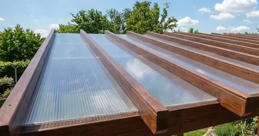 Primo piano di un modello di tettoia in legno con copertura in policarbonato a strisce all'interno di un giardino.