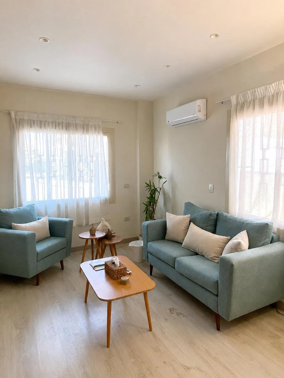 The therapy room at Lotus — sheer curtains, soft daylight, a sofa and armchair in sage blue