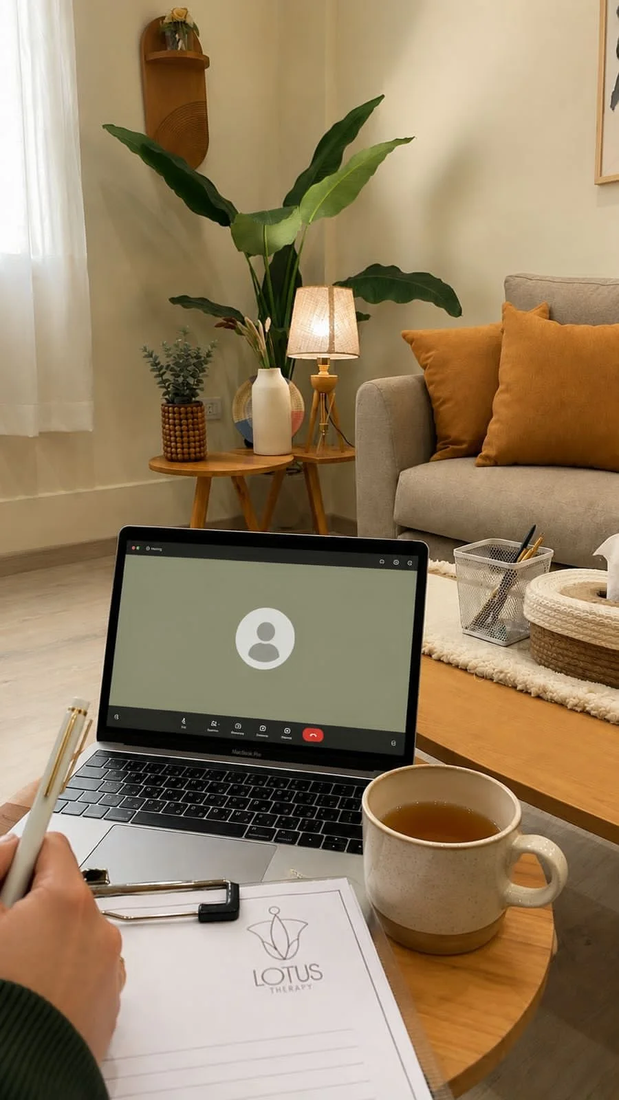 An online therapy session on a laptop in a Lotus Therapy room