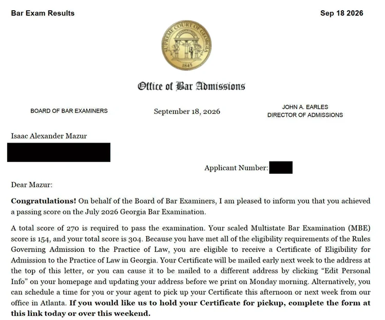Georgia Bar Exam results letter confirming a total score of 304, with personal identifiers redacted