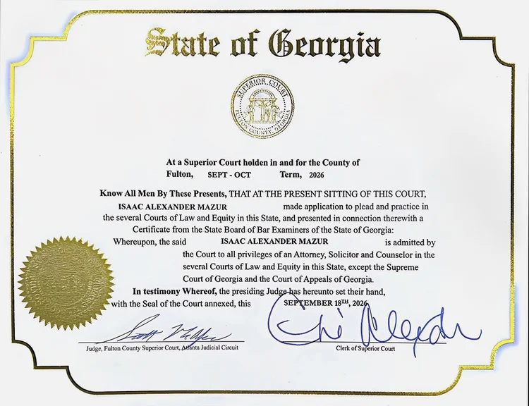 Signed Superior Court of Fulton County admission certificate for Isaac A. Mazur, dated September 18, 2026