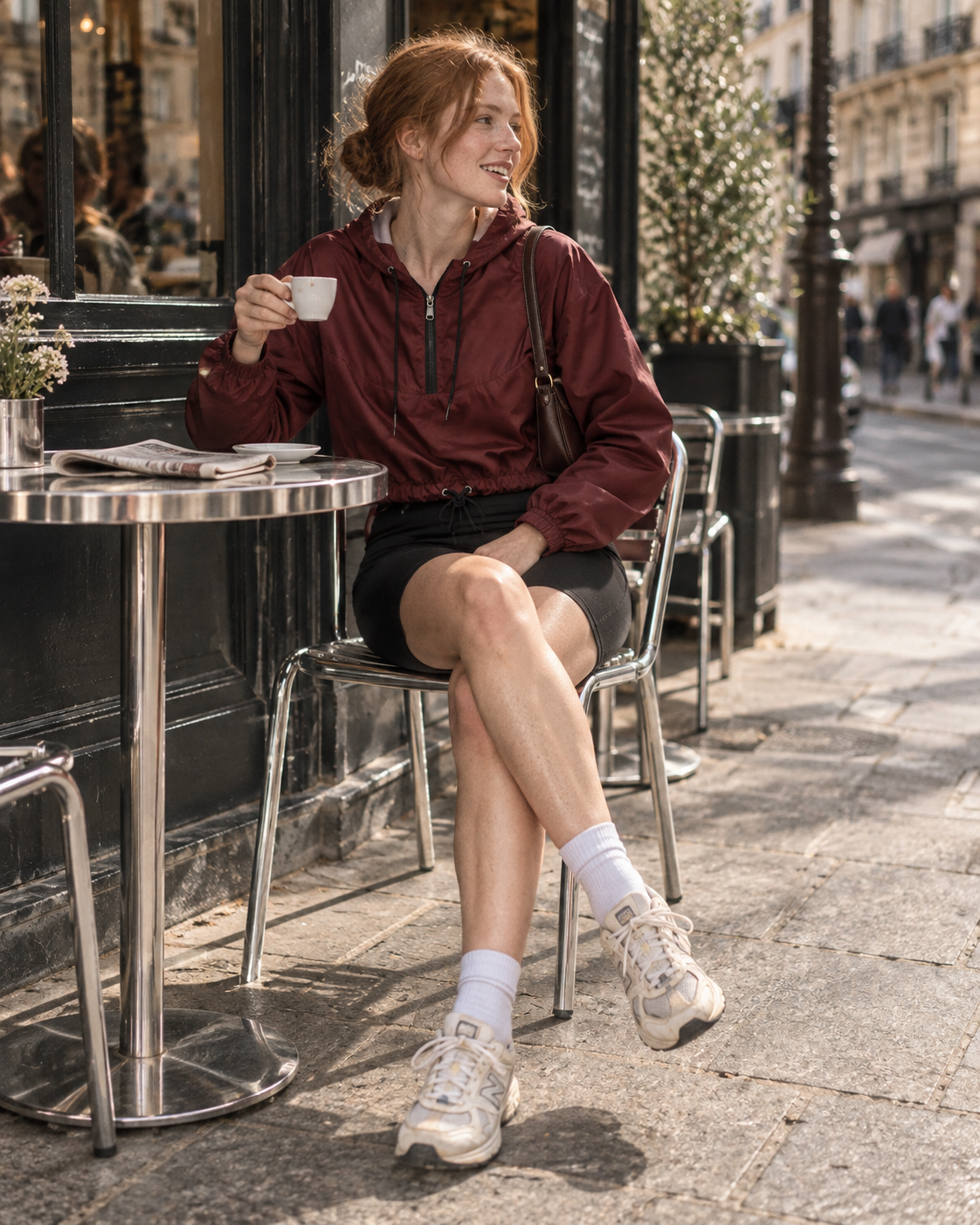 Woman having coffee in a Burgundy Fieldtime cropped windbreaker