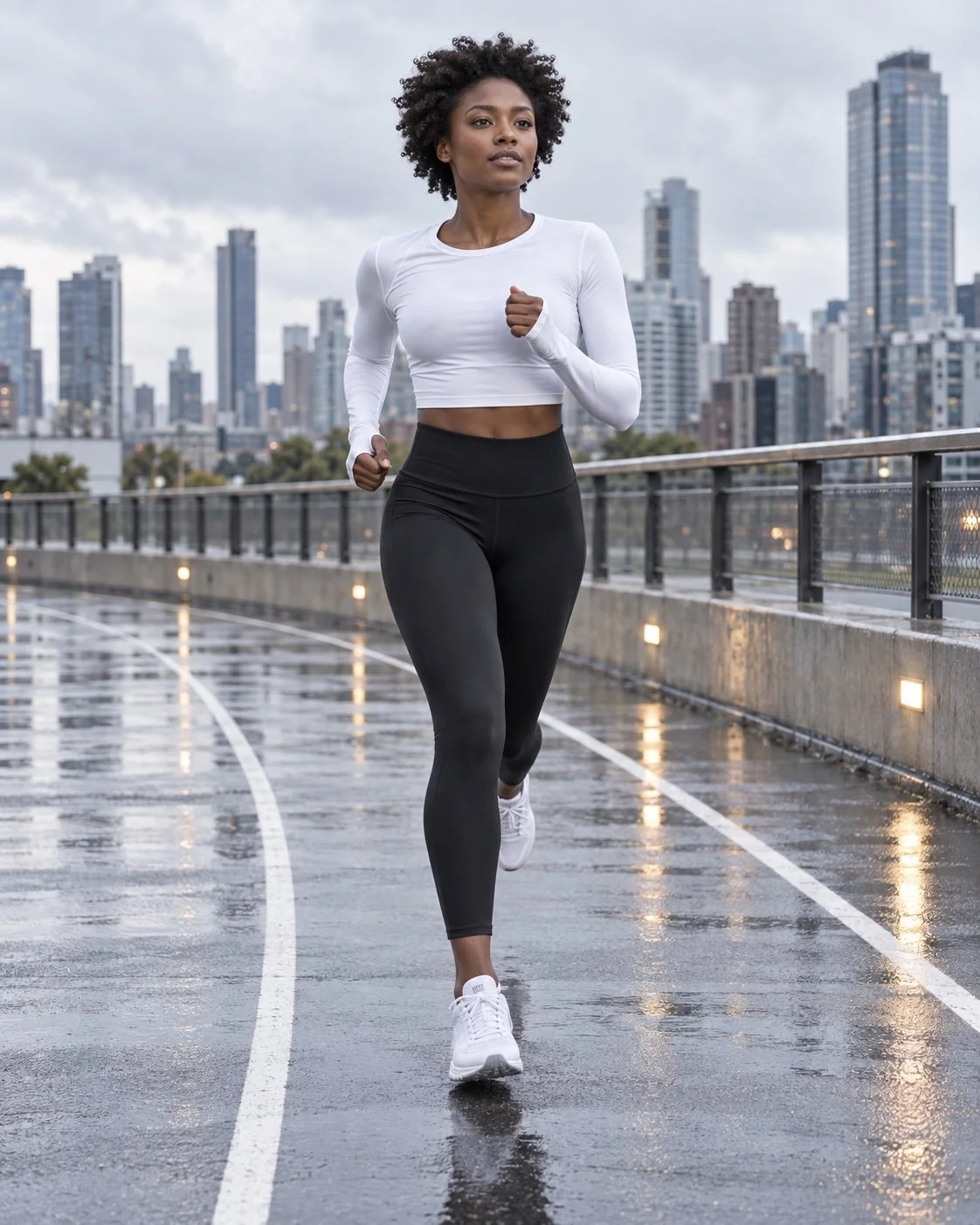 Model running outdoors in a white top and black leggings