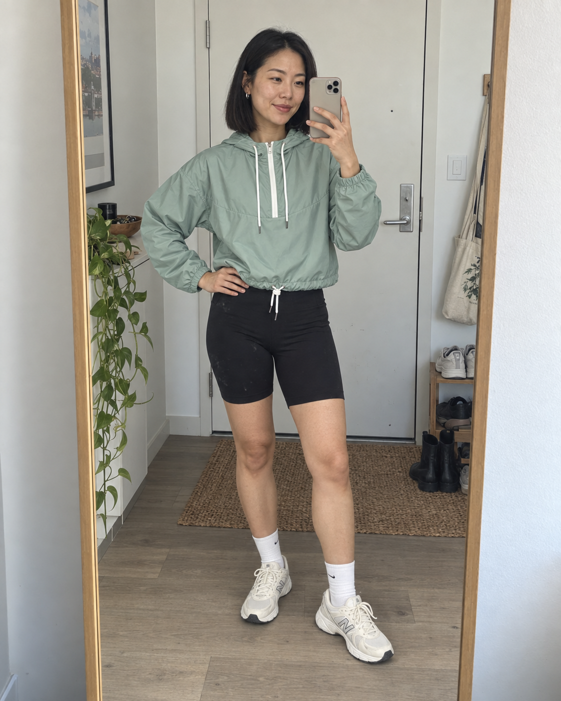 Mirror selfie styling the Opal and White Fieldtime cropped windbreaker