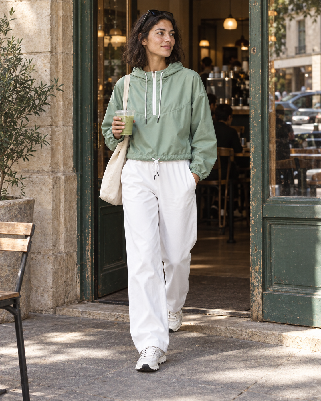 Woman in the Opal and White Fieldtime windbreaker carrying iced matcha