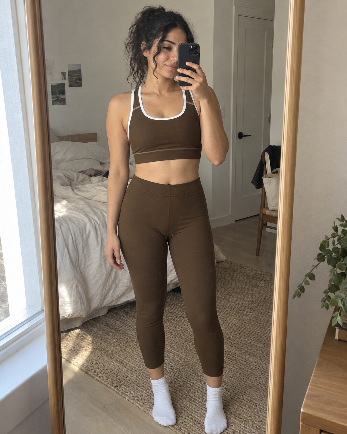 Espresso Fieldtime capri leggings styled with a sports bra