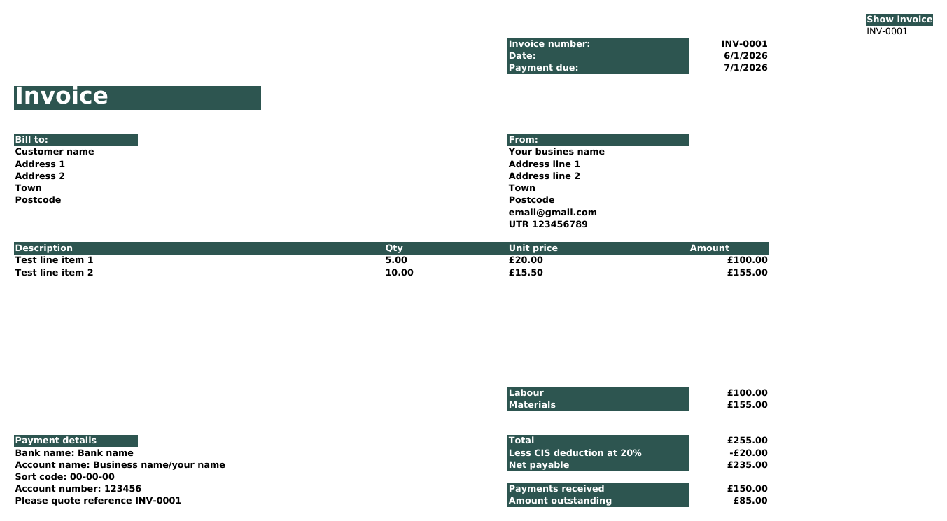 An example CIS invoice showing the labour and materials split and the CIS deduction