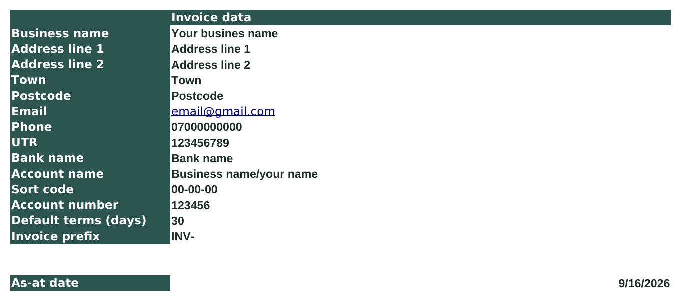 The Settings sheet in the suiteSheets CIS invoice tool, including UTR